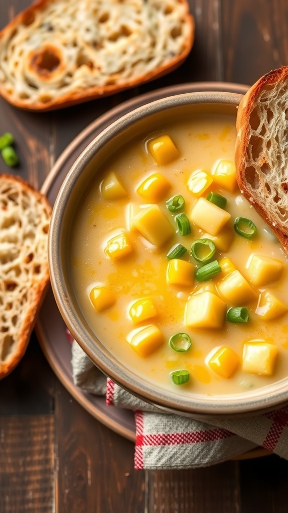 Creamy Corn Chowder Recipe A bowl of creamy corn chowder with corn and potatoes, garnished with green onions, on a rustic table with bread.